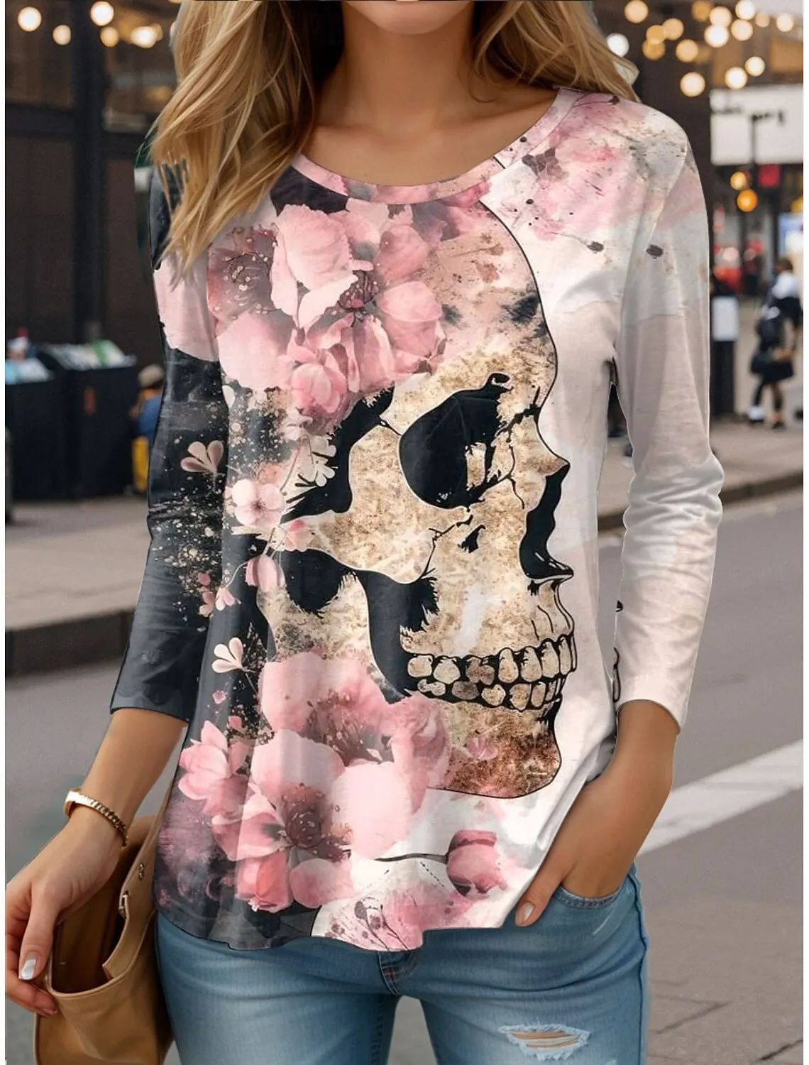 

Women's T Shirt Floral Graphic Skull Vintage Fashion Stylish Long Sleeve Crew Neck Regular Tops 3D Prints Summer Casual Pullover