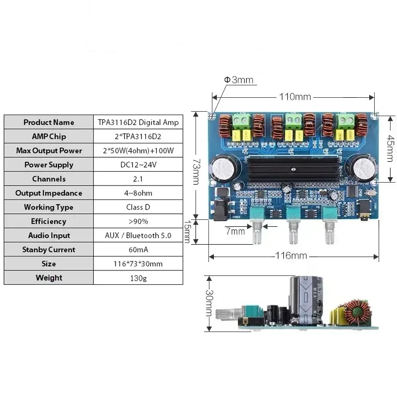 2*50W+100W Bluetooth 5.0 dual TPA3116D2 Power Subwoofer Amplifier Board 2.1 Channel TPA3116 Audio Stereo equalizer AUX Amp