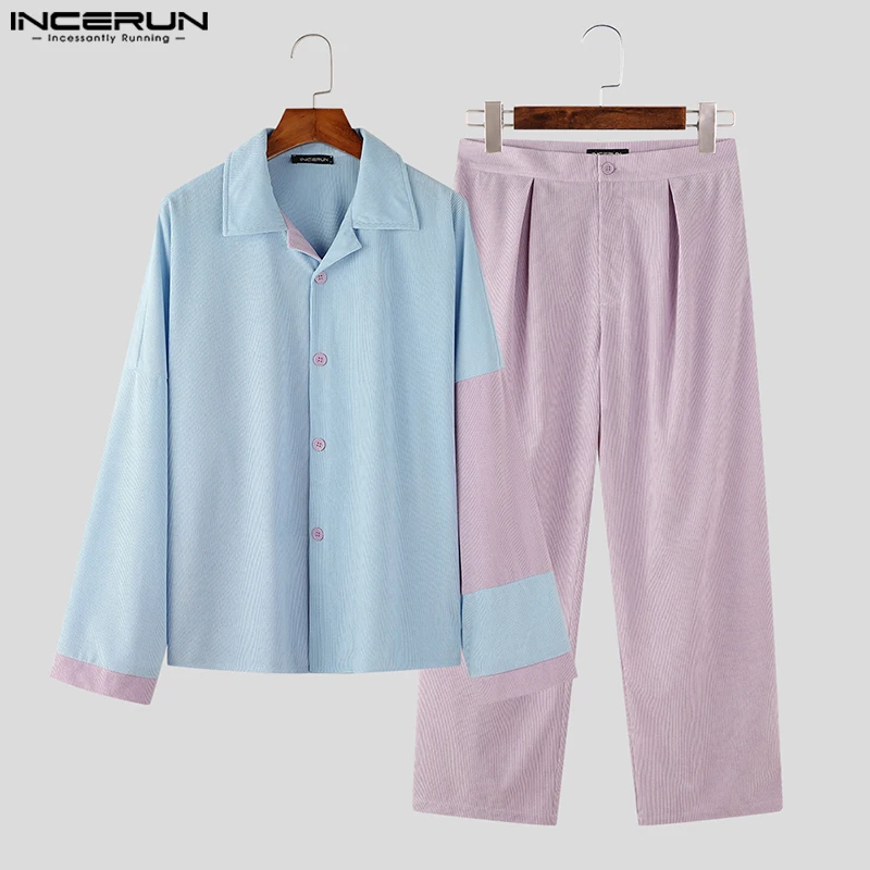 Fashion Casual Sets INCERUN Handsome New Men Long Sleeved Shirts Pants Streetwear Male Contrast Texture Suit 2 Pieces S-5XL 2024