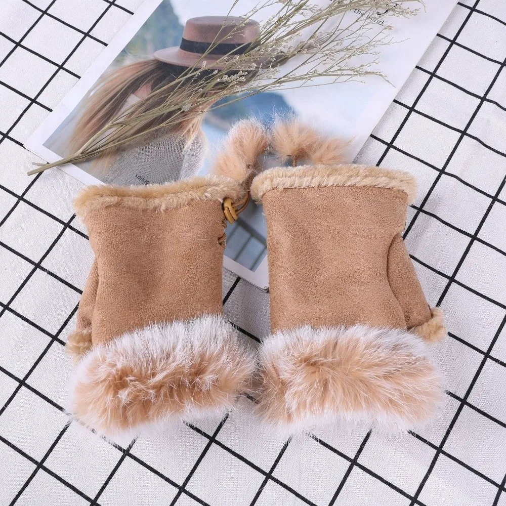 Fashion Suede Leopard Print Gloves Plush Soft Stretch Warm Fingerless Mittens Thicken Windproof Wrist Warmers Women