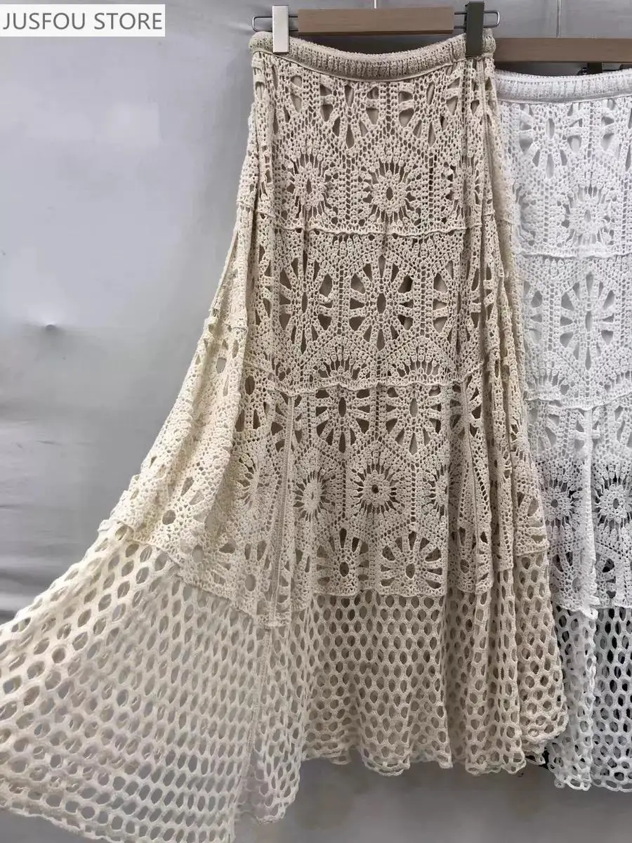 여성용 면 플로럴 크로셰 뜨개질 레이스 스커트 빈티지 홀로우 아웃 엘라스틱 웨이스트 롱 보헤미안 비치 팔다 여름 휴가용