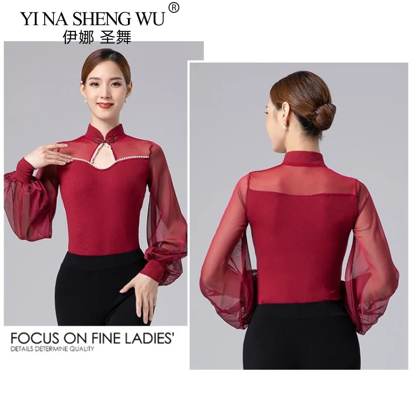 Haut de danse moderne pour femmes, combinaison de danse latine, pratique, étiquette haut de gamme, défilé de mode, danse de salle de bal, haut à manches longues en maille Sexy