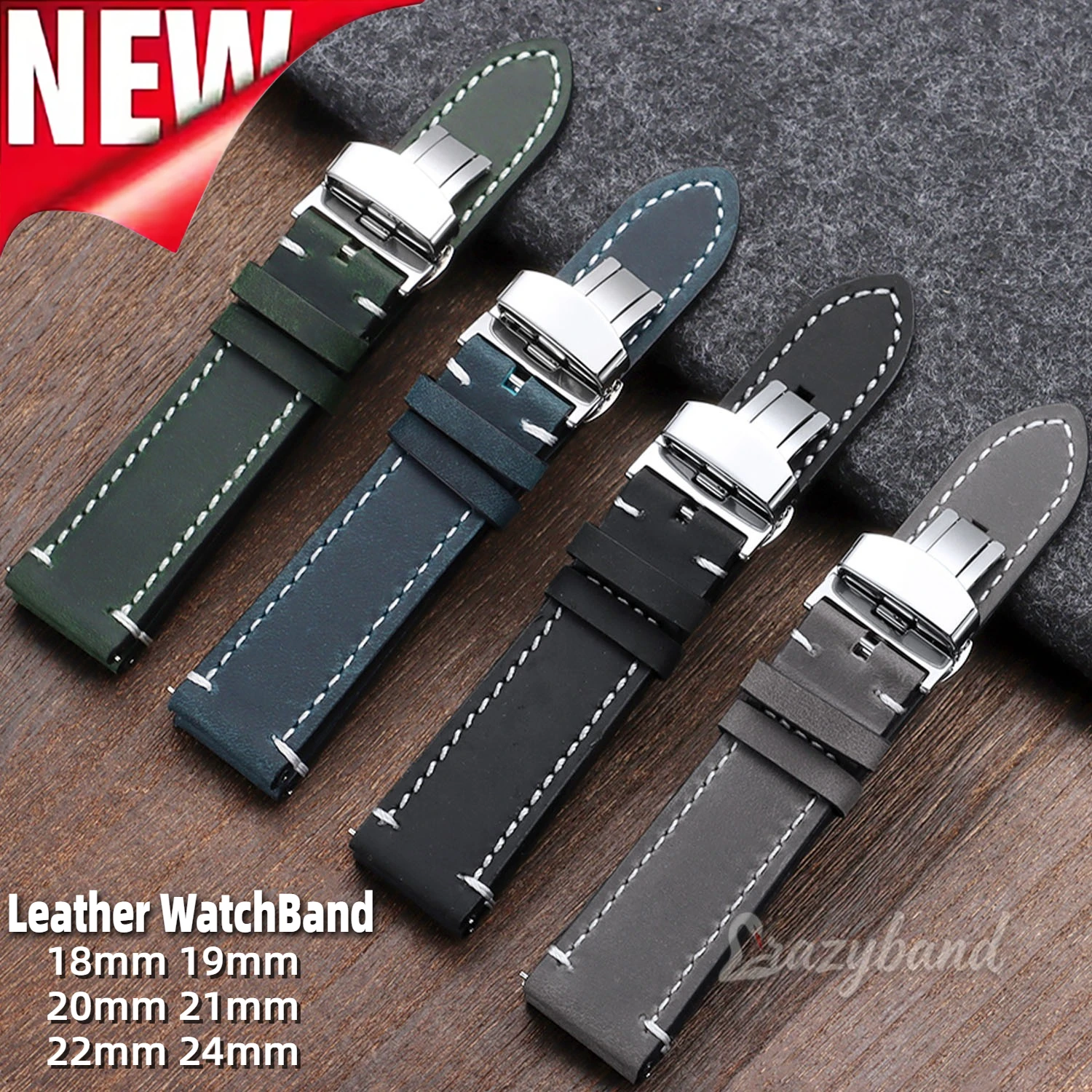 New Waterproof Leather Watch Band 18mm 19mm 20mm 21mm 22mm 24mm Black Brown Universal Strap Butterfly Buckle Business Bracelet