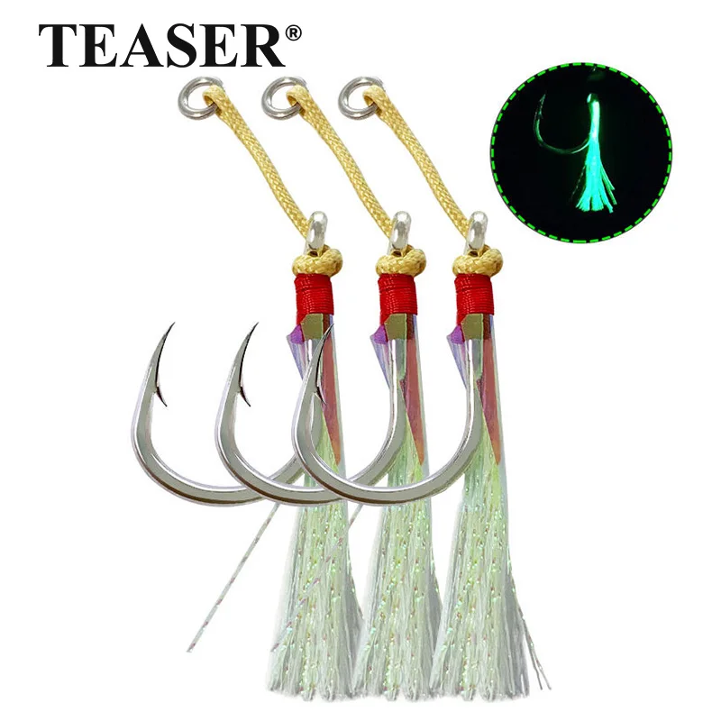 TEASER 3/10 stücke HK002 Kevlar Linie 1/0-5/0 Single Assist Jigging Haken High Carbon Stahl Gewinde Feder Jig leuchtende Pesca Haken