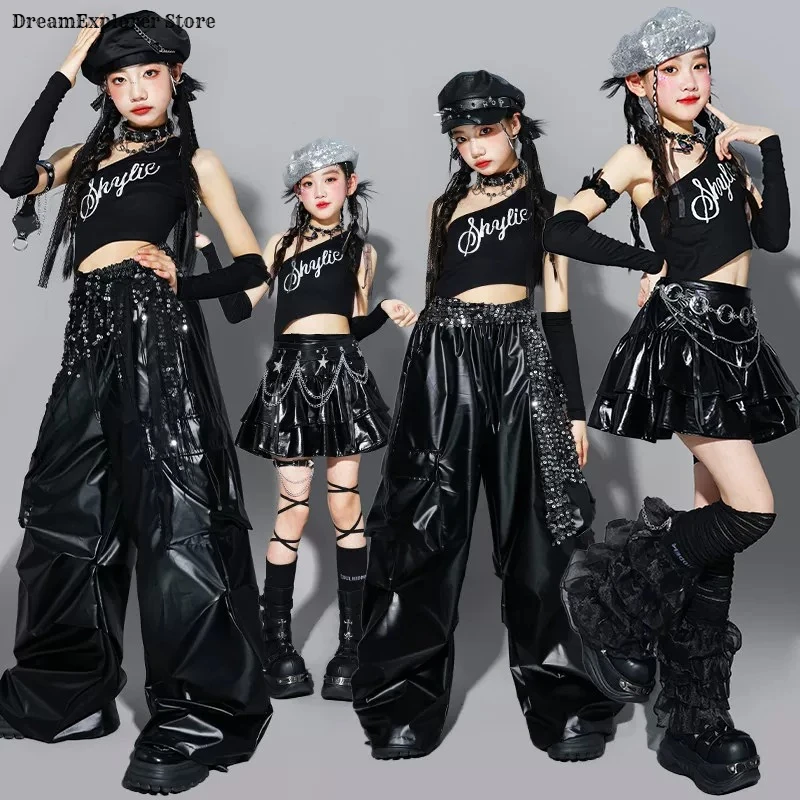 Girls K-pop Crop Top Shiny Cargo Pants Street Dance Skirts Kids Hip Hop Jazz Girl Group Clothes Sets Children Streetwear Costume