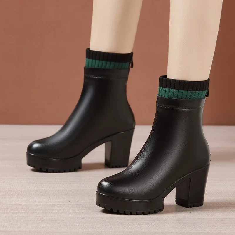 8cm 10cm Small Size 32-43 Stretch Sock Boots Genuine Leather Shoes 2024 Winter Block High Heels Platform Ankle Boots Office Mom