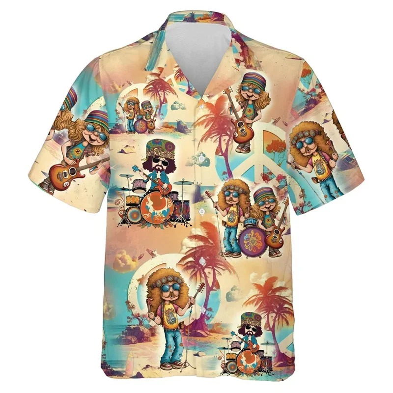 Camisa masculina havaiana de instrumentos musicais, gráfico musical hippie, blusa impressa em 3D, casual rua, manga curta Aloha camisas, lapela tops