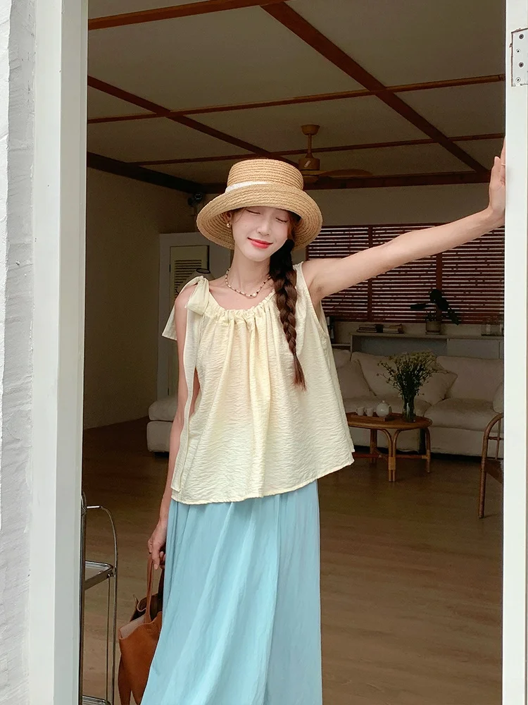 

Новый летний женский топ Peach White Dstring Strapl Vest свободного кроя, утягивающий, повседневный, в стиле Sle Yang Pao Pao, для поездок на работу