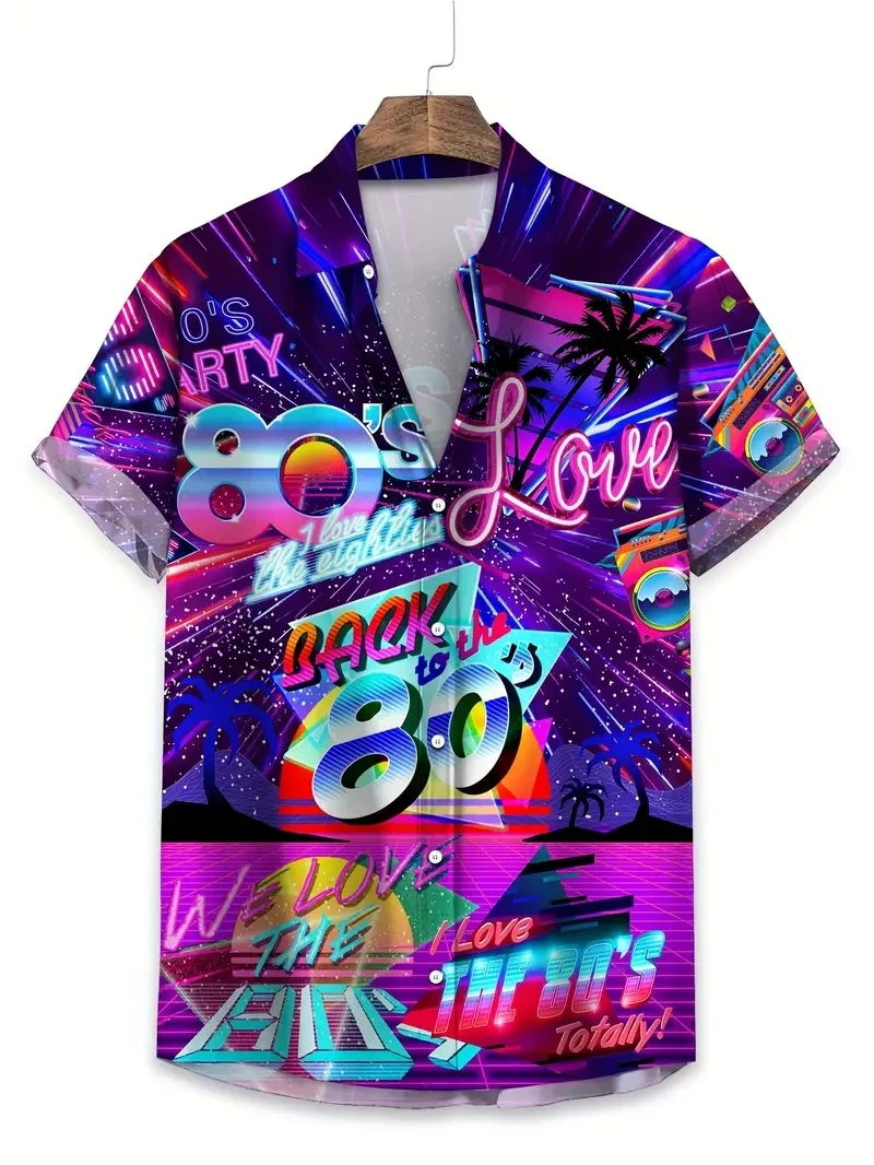 Kolorowe koszule hawajskie z nadrukiem 3D dla mężczyzn, fajne wzory z lat 80. i 90., bluzki, letnie wakacje, krótkie rękawy, koszulki Aloha