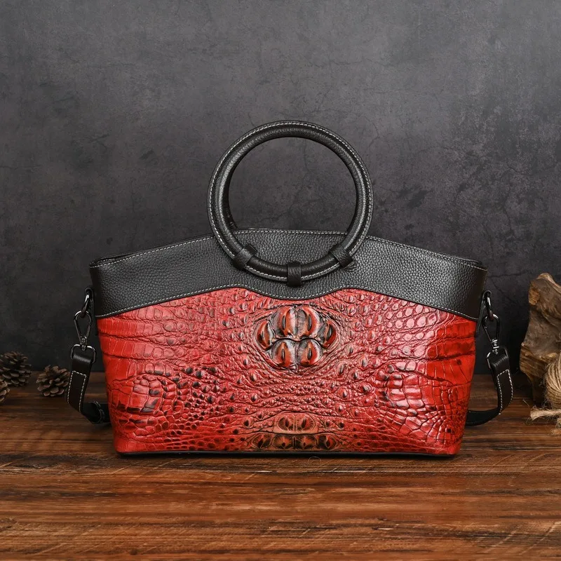 

New luxury first layer cowhide women's bag handbag vintage crocodile embossed cowhide shoulder bag crossbody bag leather women's