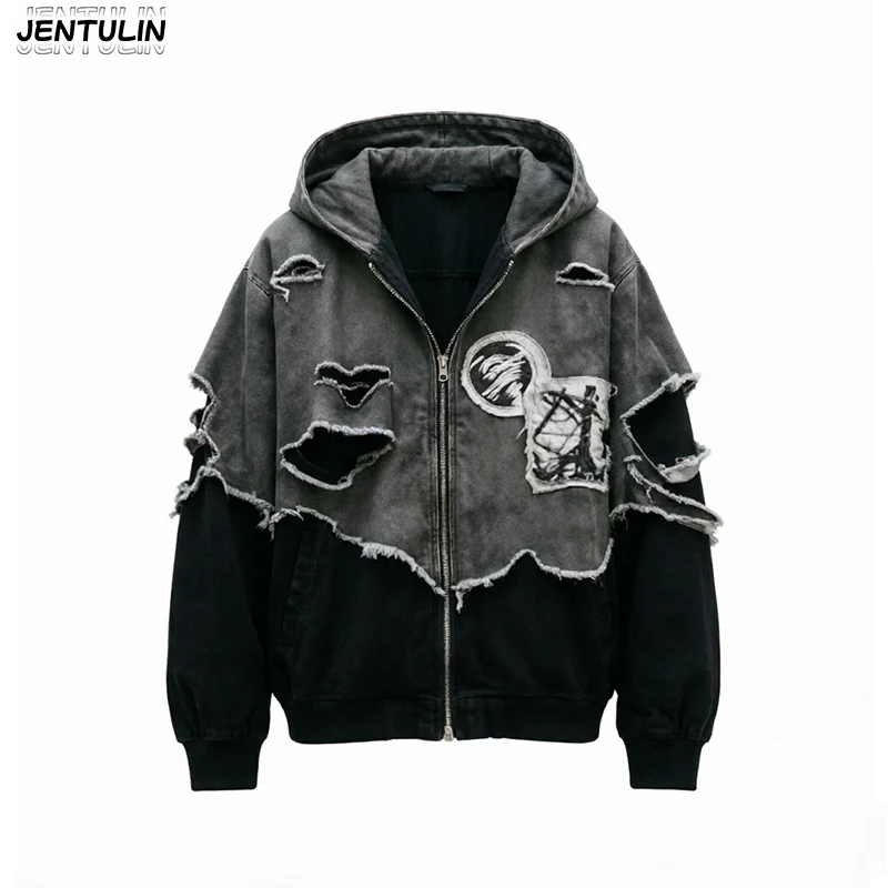 Retro Ripped Hooded Cardigan Patchwork With Frayed Edges Ripped Patches Hoodie Ripped High Street Loose Zipper Jacket