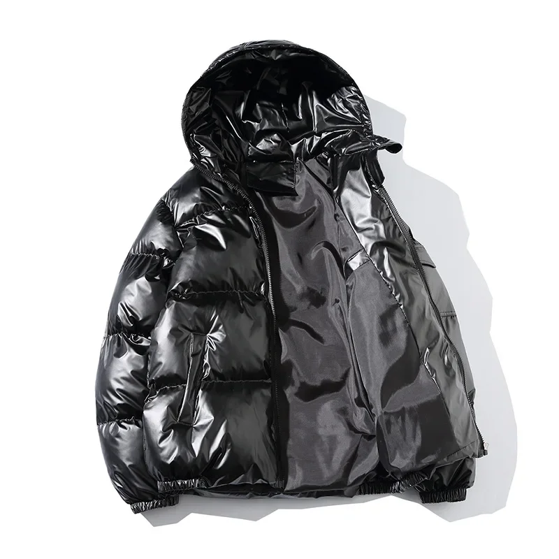 Parka masculina com capuz metálico lustroso, jaquetas quentes, casacos de algodão acolchoados, prateado e preto, outwear de inverno, novíssimo, 2023