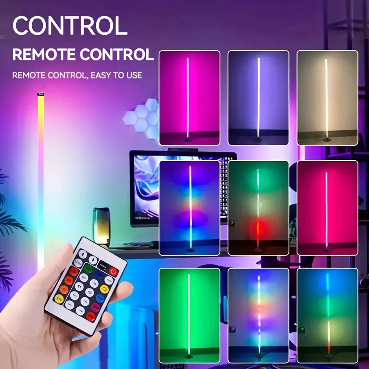 The new typeof floor lamp 5V is connected to a mobile phone charger and features RGB lighting with dazzling colors and flowing