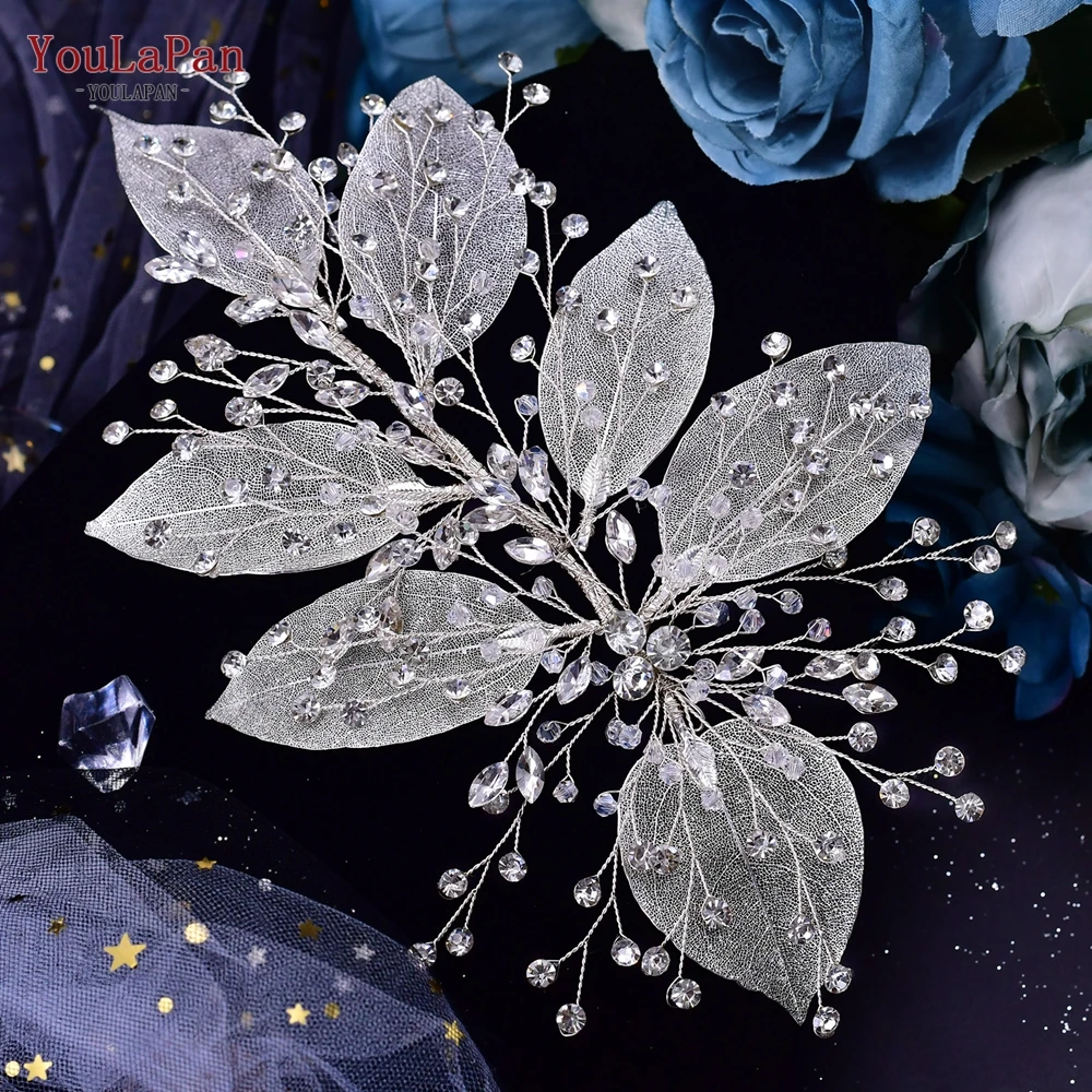 YouLaPan HP285เจ้าสาว Headpiece Rhinestone ผู้หญิง Headdress Leaf Shape ด้านข้างผมเจ้าสาวจัดงานแต่งงานเครื่องประดับผม