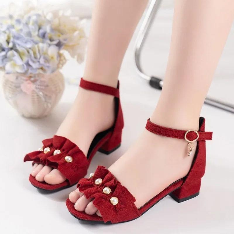 Girls Princess Shoes for Party Wedding Children Low Heels Pleated Dress Shoes Chic Kids Classic Red Sandals 2024 Summer New