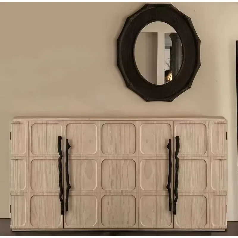 Medieval Style Solid Wood Antique Side Cabinet French Vintage Dining Cabinet Geometric Carving Four Door Locker