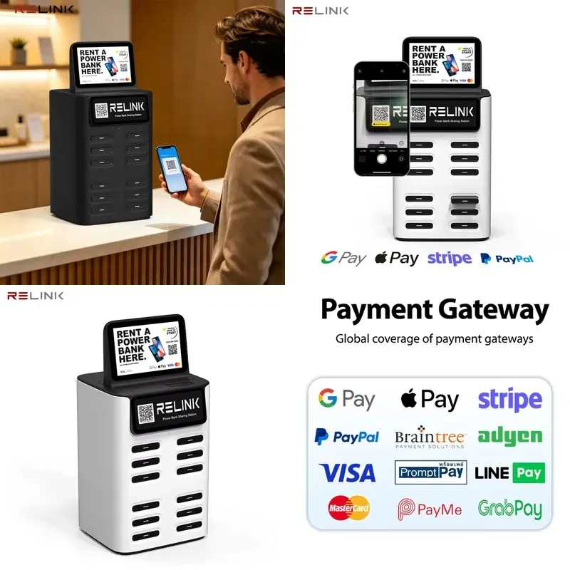 Hot Sale Relink 12-Slot Shared Power Bank Charging Machine 8-Inch Touch Screen LED Display 40W Fast Charger Rental Station QR
