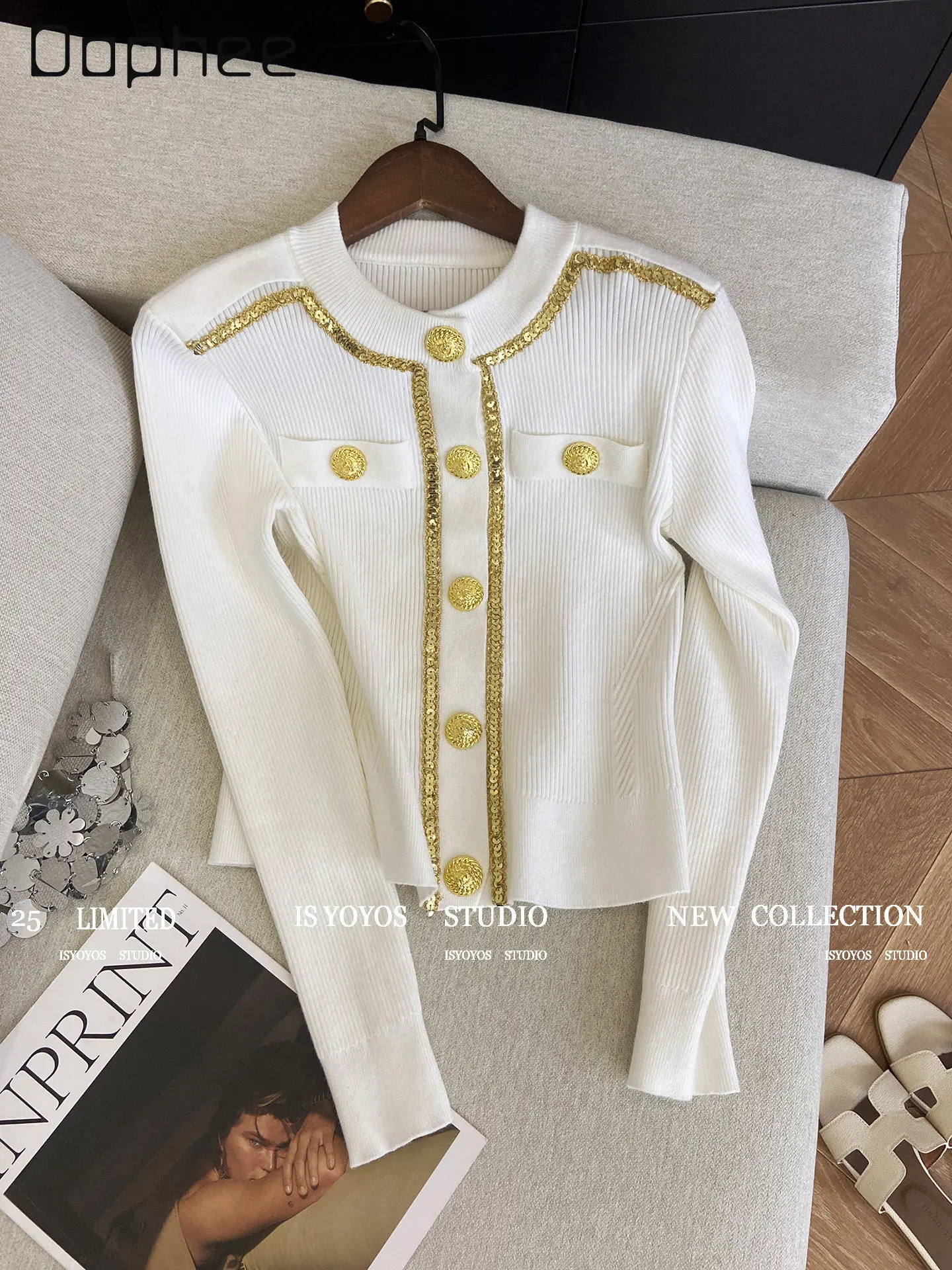 

French Temperament Sequined Gold Button Sweater Short Jacket Women Spring 2026 Fashion V-neck Versatile Slim Knitted Cardigan