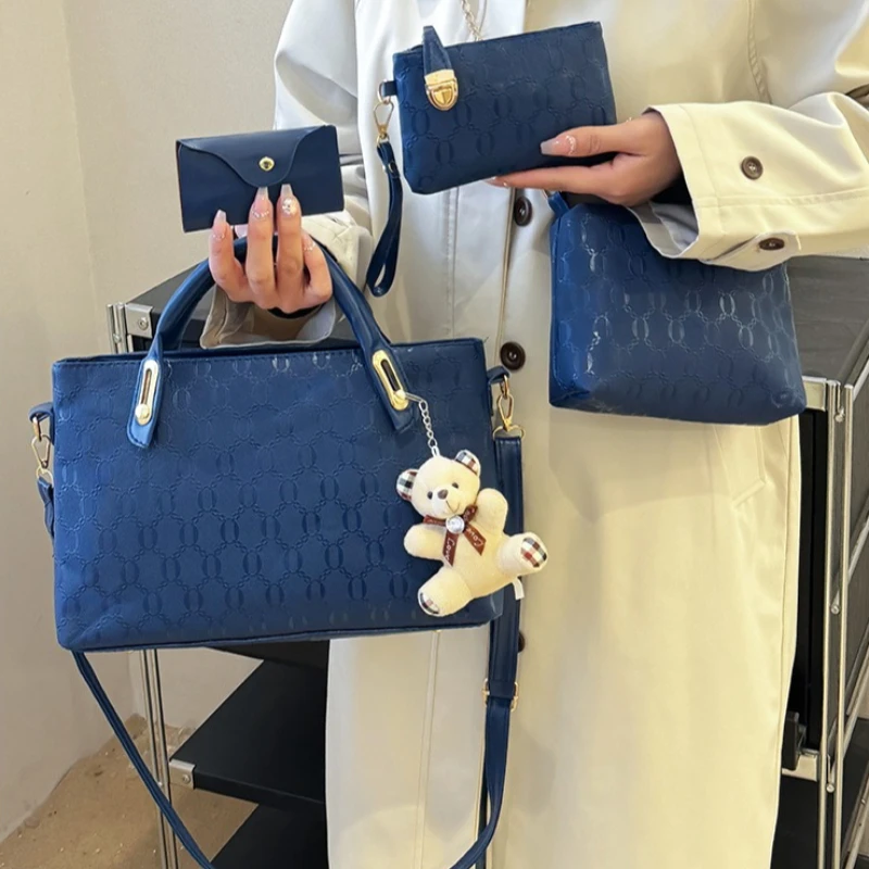 4-piece Handbag Set with Bear Pendant Detachable Shoulder Strap,purses for Wedding Party Daily Women Practical Matching Bag Kit