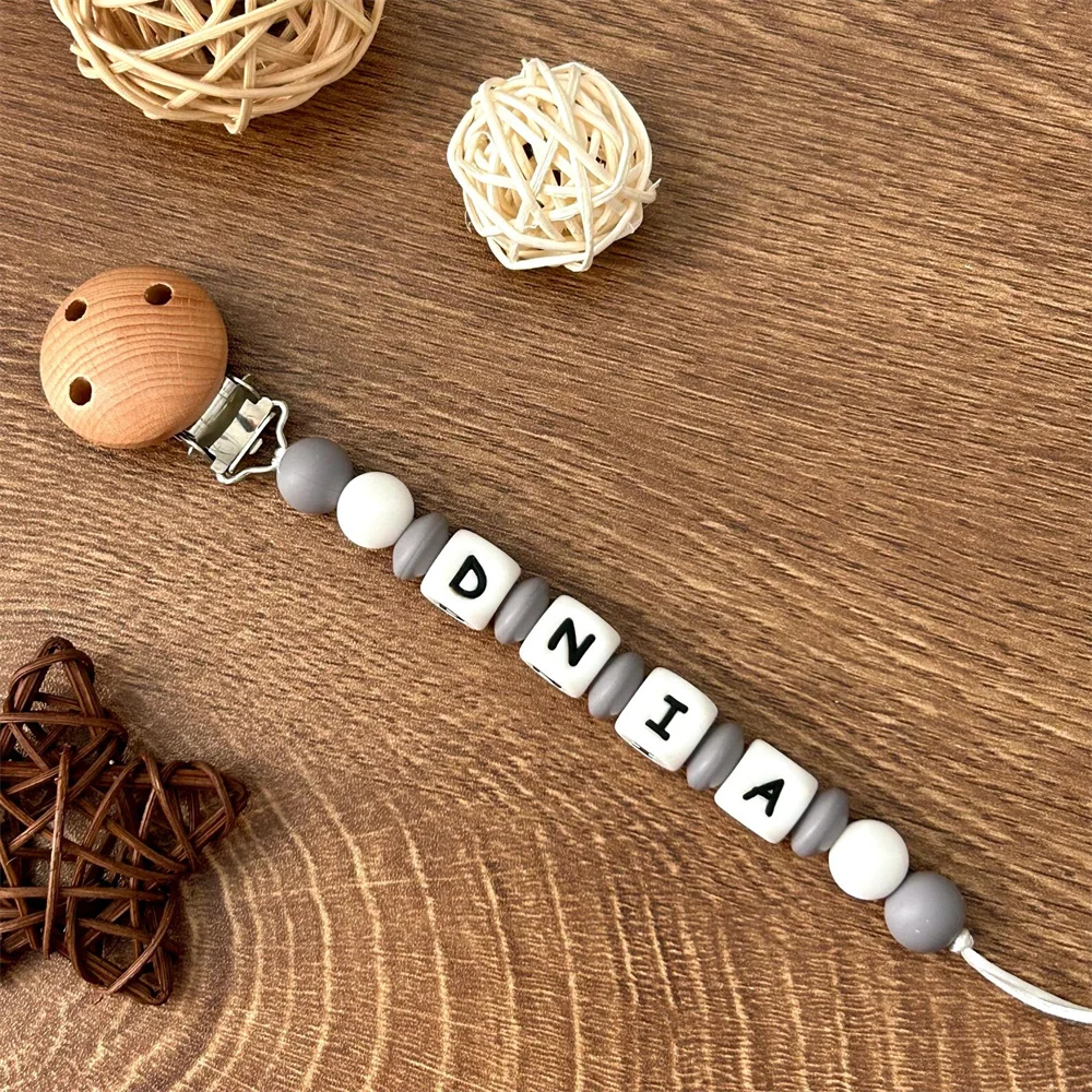 

Personalized Name Pacifier Chain with Wooden Clips & Silicone Colorful Beads