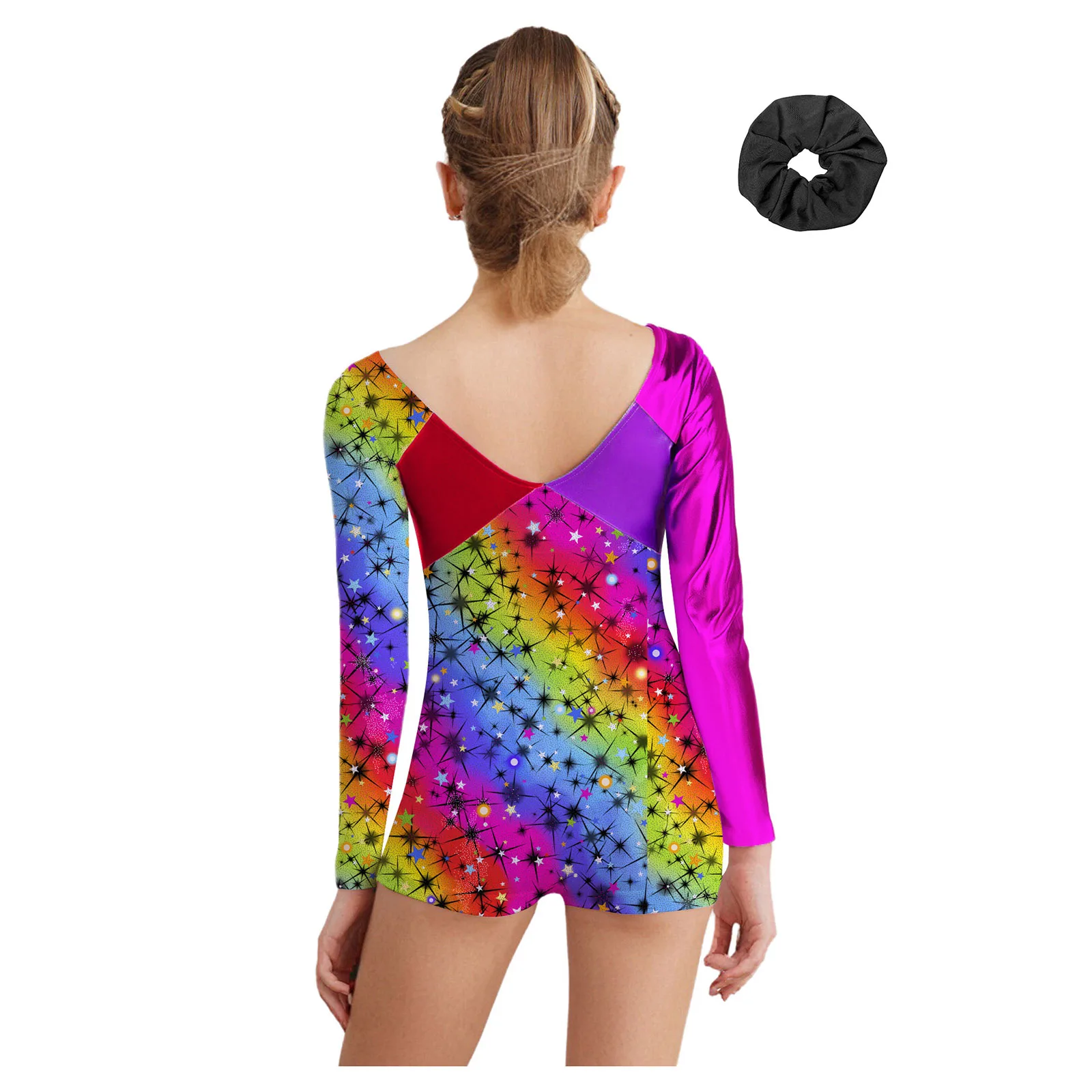 어린이 소녀 체조 발레 댄스 레오타드 긴 소매 메탈릭 샤이니 프린트 바디수트 피겨 스케이팅 요가 수영 스포츠 피트니스용