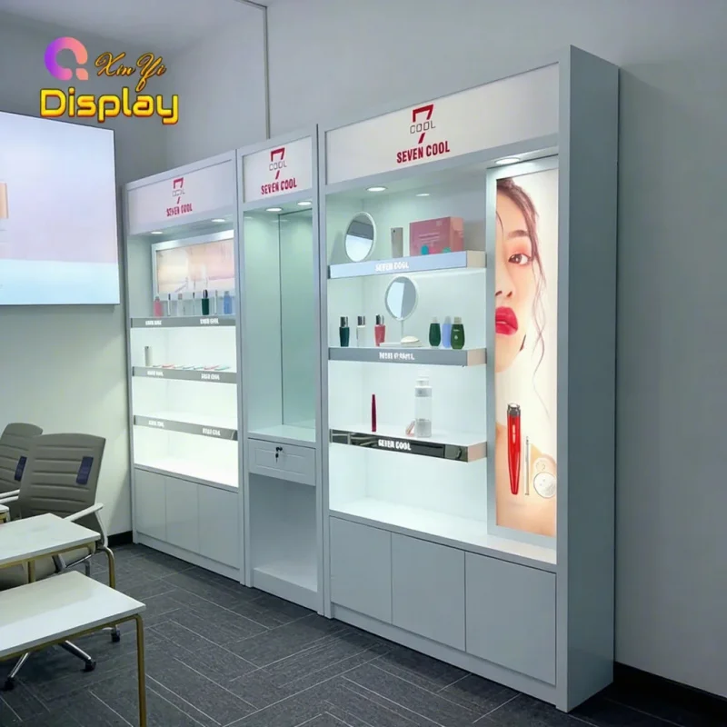 custom.Custom Modern Commercial Makeup Rack Multi-layer Cosmetic Display Stand Stainless Steel LED Lighting Heavy D