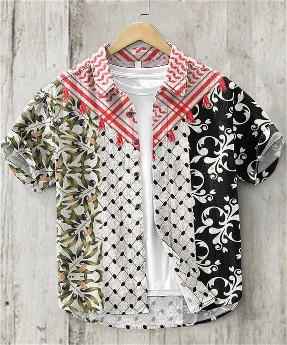 

2025 Men's European and American Fashion Lapel Beautiful Pattern Linen Short Sleeve Shirt Men's Casual Tops