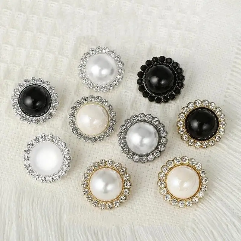 Faux Pearl Buttons Rhinestone Edge Sturdy Metal Base for DIY Sewing Clothing Scrapbooking Craft Decoration
