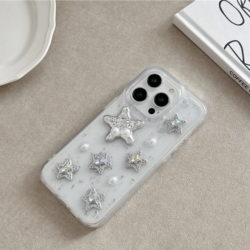 Korean Cute 3D Tin Foil Pentagram Pearl Epoxy Phone Case For iPhone 16 15 Pro Max 14 13 12 11 Pro Max Clear Shockproof Cover