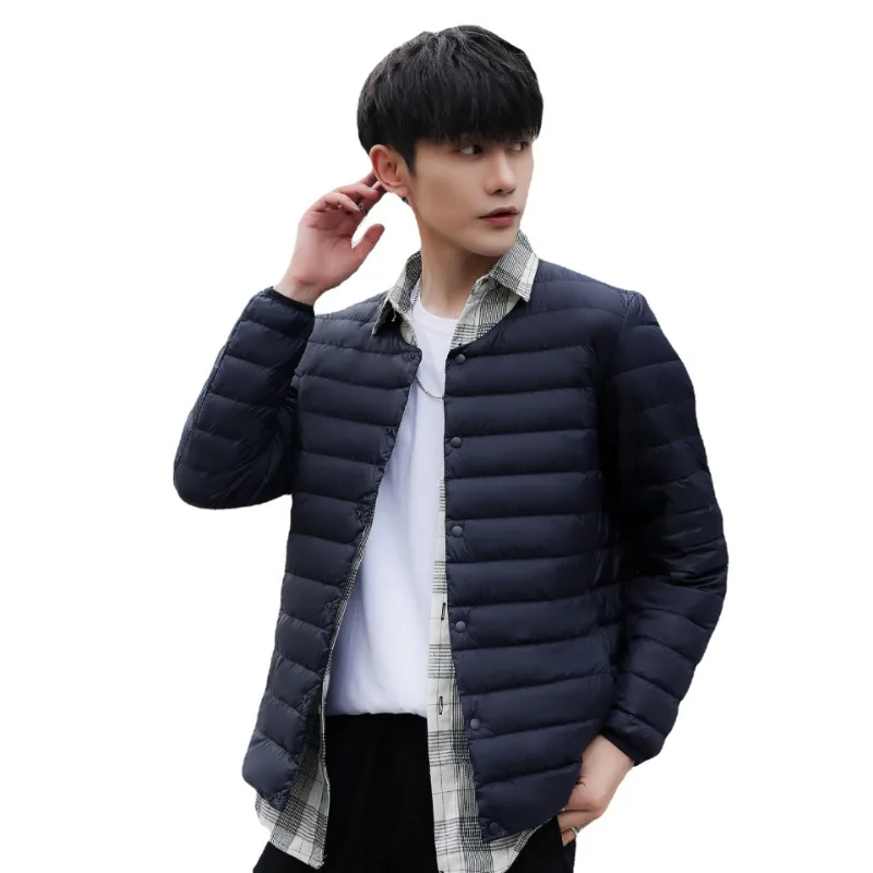 New Men\'s 2024 Fall/Winter Solid Color Men\'s V-neck Crewneck Down Liner Simple Fashion Down Jacket Plus Size Jacket