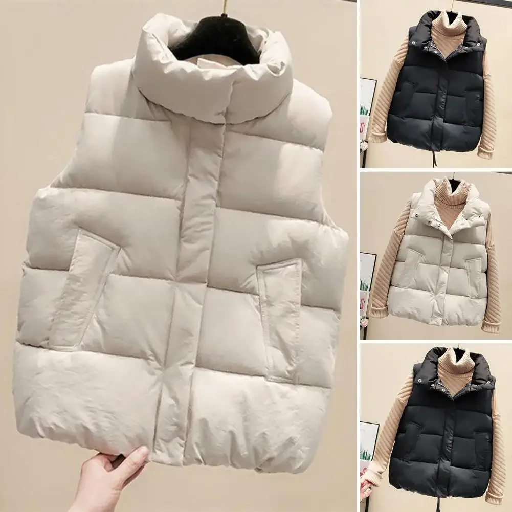 Gilet imbottito corto da donna con cerniera e colletto alla coreana, caldo cappotto imbottito senza maniche per l'autunno inverno