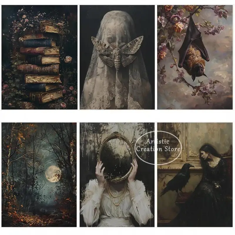 Dark Academia Gothic Bat Raven Witch Apothecary Canvas Wall Art Home Decor Painting Poster