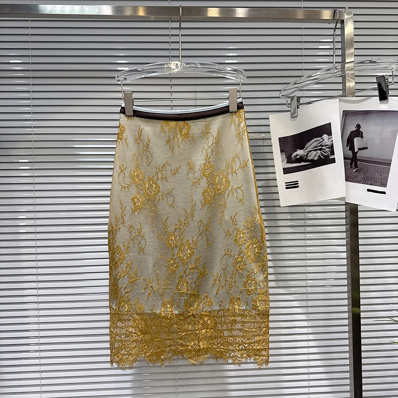 Spring Autumn Fashion Retro Lace Hook Flower Splice Skirt Female High Waist Straight Slim Knee Length Skirt for Women