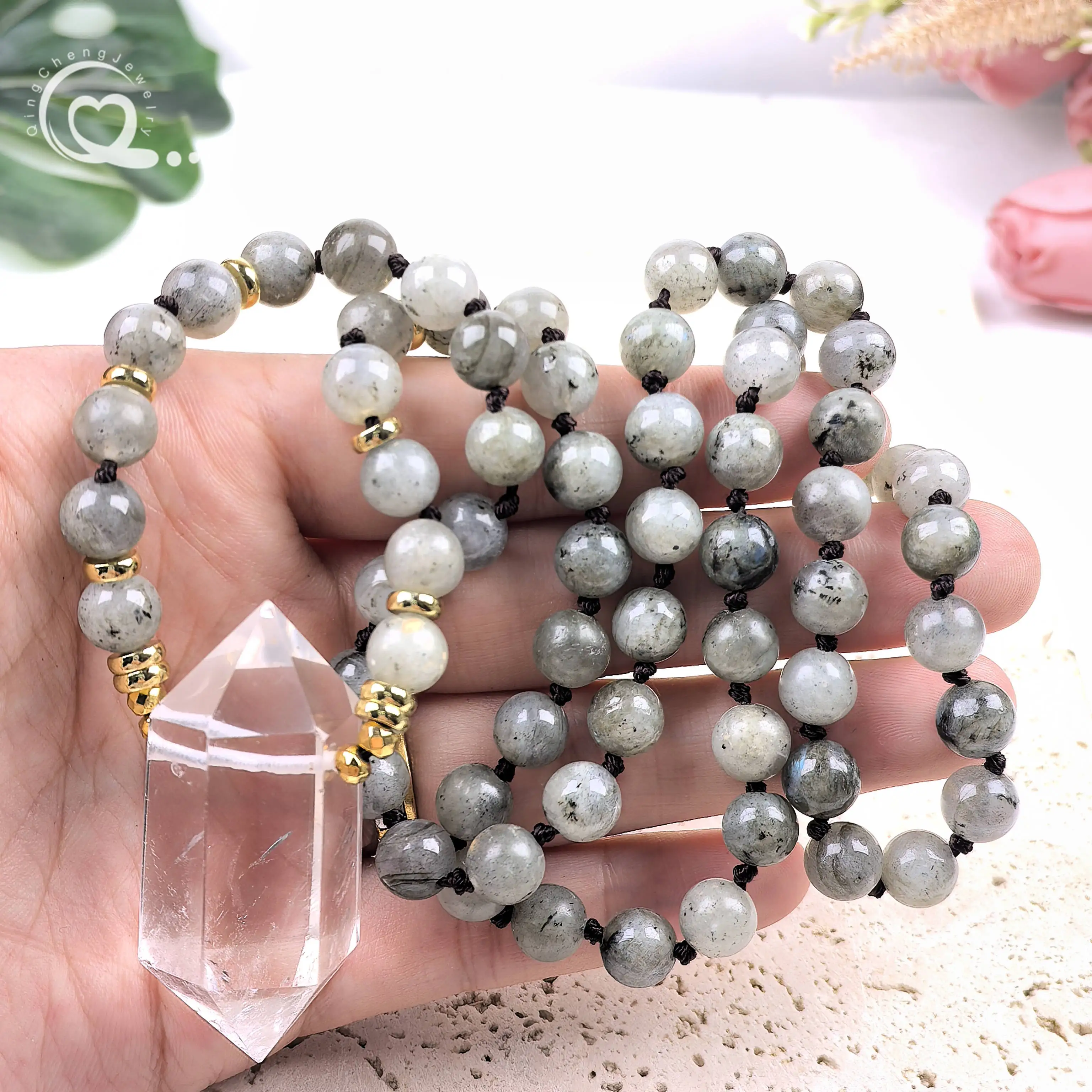 

8mm Labradorite Round Beads Mala Necklaces Quartz Crystal Double Point Pendant Knotted Handmade Women Yoga Prayer Jewelry,QC0190