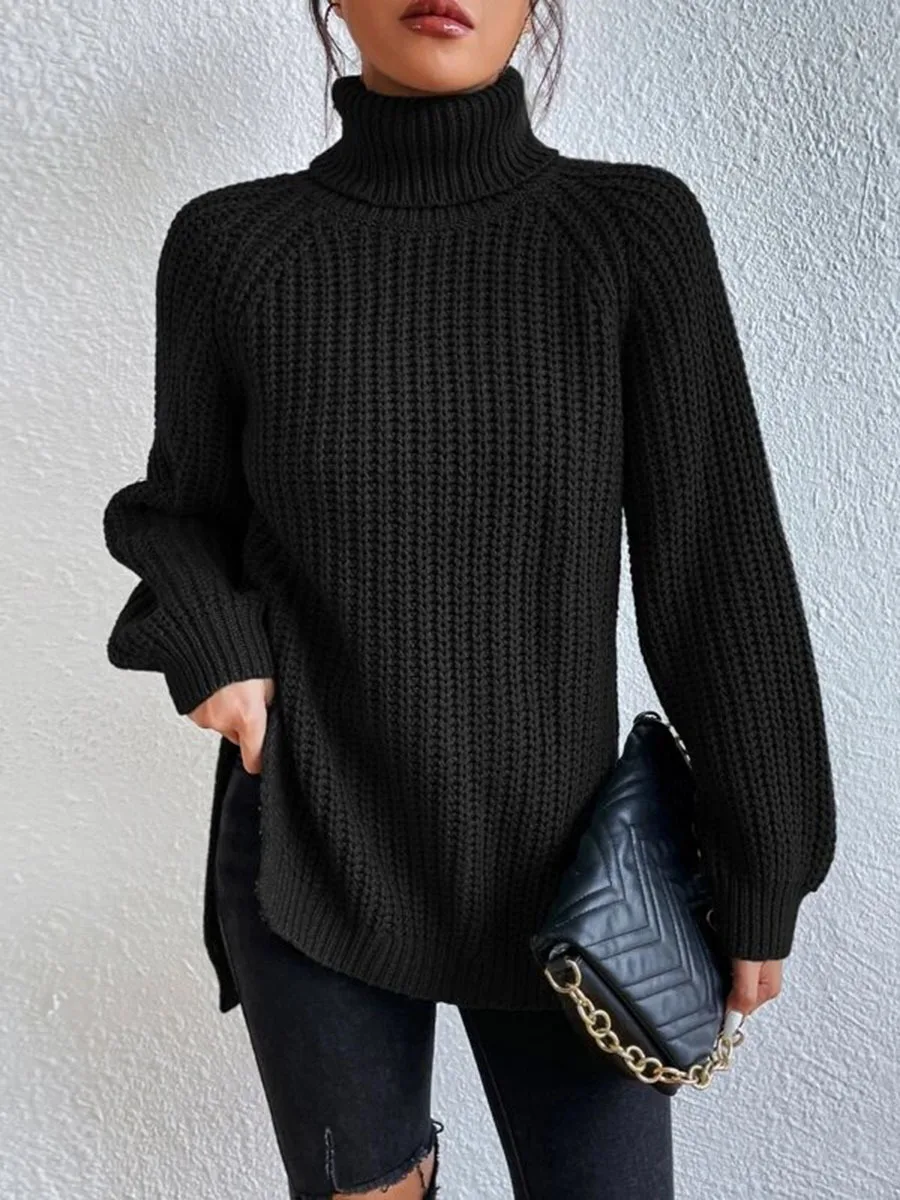 2023 Autumn and Winter Women\'s Wear New Fashion Solid Color Knitwear Medium Long Raglan Sleeve High Turnover Split Sweater Dress