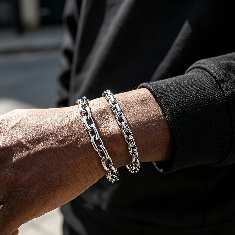 2-Piece Set of Men's 304 Stainless Steel Bracelets—Anti-Tarnish, Stackable Silver Chain Jewelry, Unisex Street Style Accessories. 304 Stainless Steel Men's Two-Piece Bracelet Set, Waterproof and Fade-Resistant, Simple Silver Stackable Design, Versatile Accessory for Daily Hip-Hop and Commuting. Men's Chain Bracelet Set——A Great Gift for Your Boyfriend or Father. Chain Length 21cm | 8.26in.