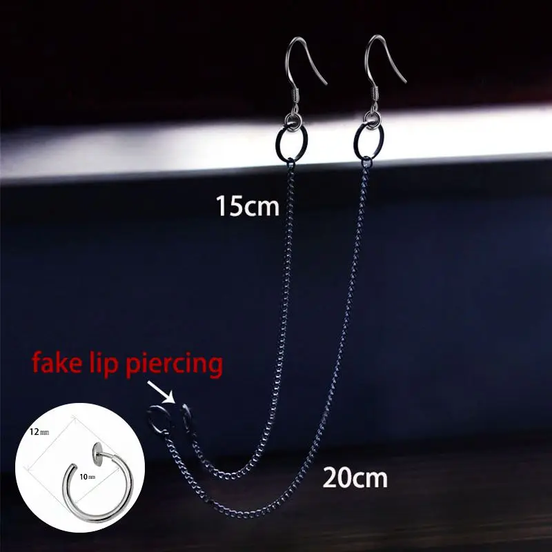 Cool Lip Ring Earrings 2 in1 Fake Lip Piercing with Long Chain to Ear Labret Nose Ring Cosplay Props Helix Piercing Body Jewelry