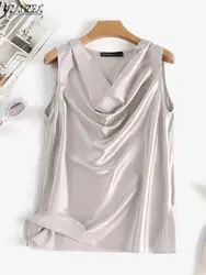 ZANZEA Women Satin Tank Tops Elegant Cowl Neck Sleeveless Blouse Korean Fashion Silk Solid Color Tanks Office Lady Sexy Camisole