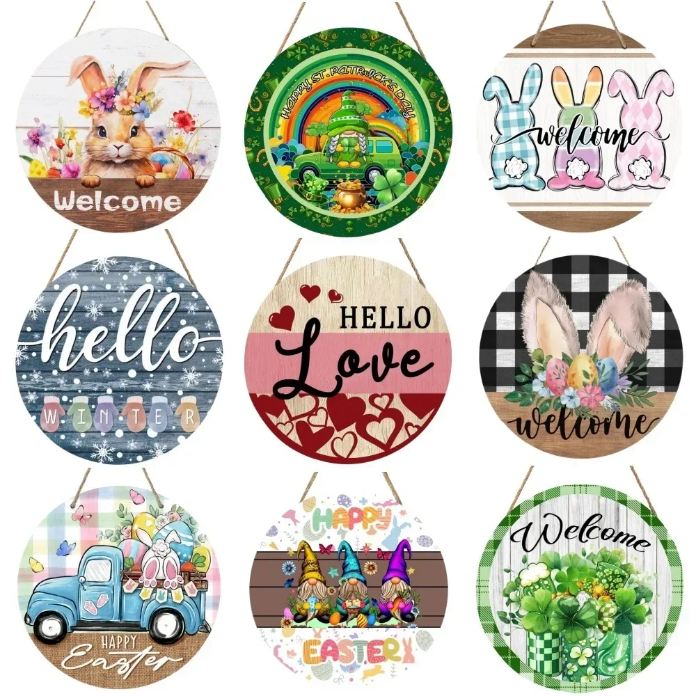 Happy Easter Wooden Board Sign Decoration Colorful  Egg Sign Round Welcome Sign Home Yard Spring Wall Decor