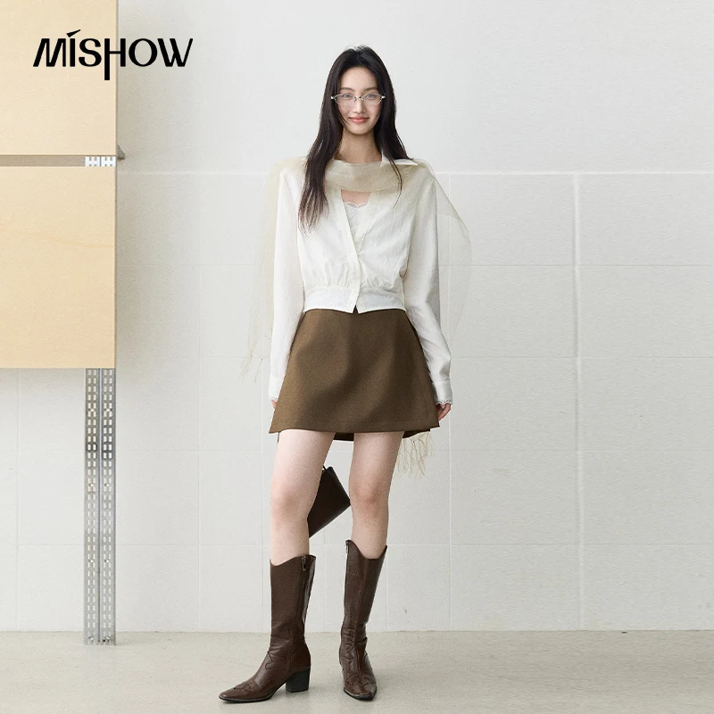 MISHOW Women's Commute Fake Two‑Piece Shirts 2026 Autumn Lace‑Trimmed Linen Top Lape Elastic Waist Casual FashionTop MXF43C2566