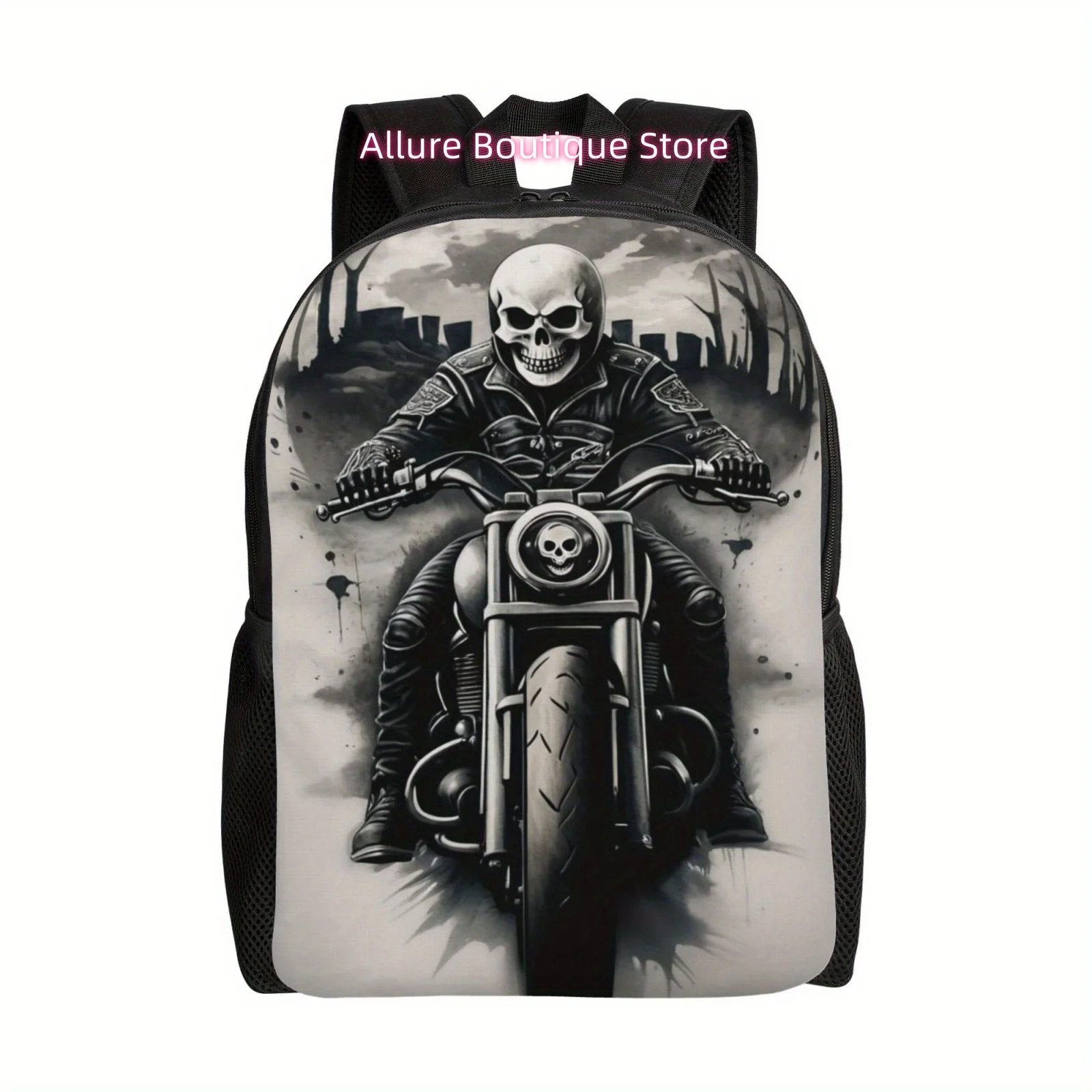 Skeleton Motorcyclist Lightweight Backpack, Large Capacity for Laptop & Books, Adjustable Straps, Perfect for Work, Travel & Col