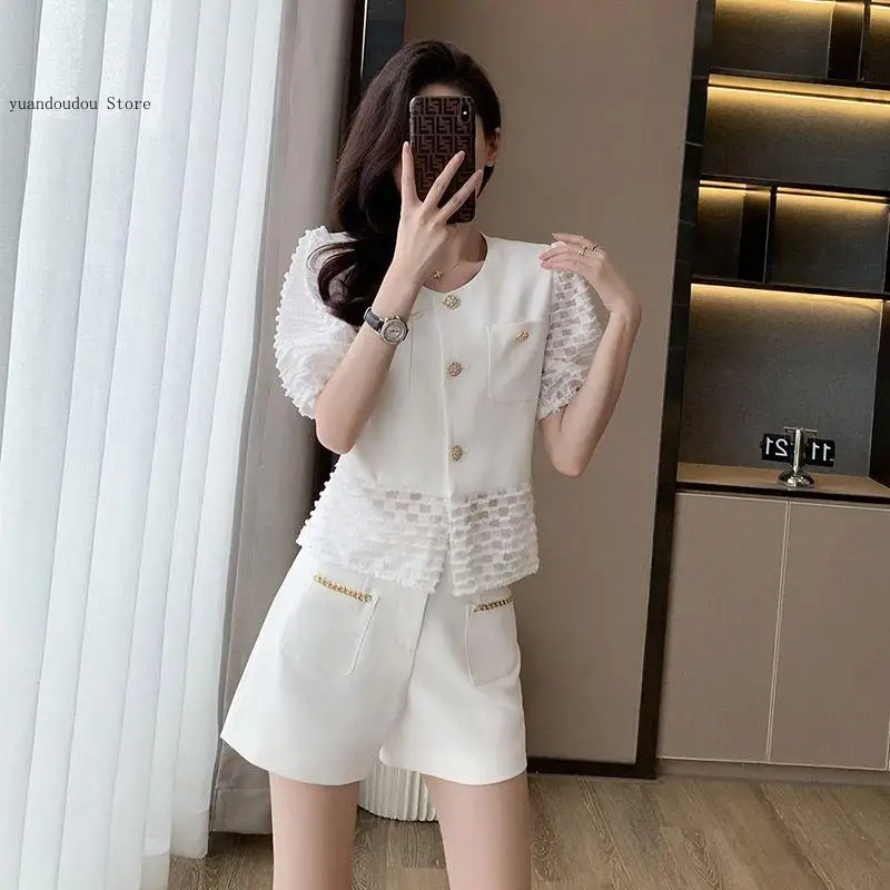 Xiaoxiangfeng Set Women's Summer Temperament Salt Based Light Mature Summer Outfit Fashionable High Waisted Shorts Two-Piece Set