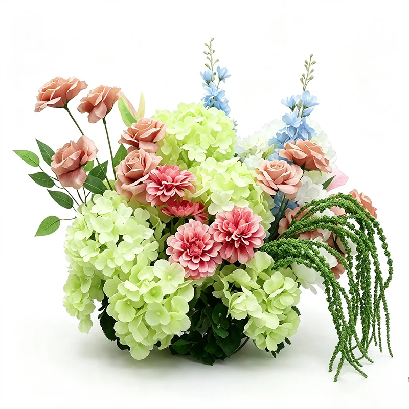 Künstliches Hortensien-Blumenarrangement in Burgunderrot und Grün, Hochzeitstisch-Mittelstück, Blumenball, Calla-Lilie, Amaranthus-Gras, Floristik – Detail 8