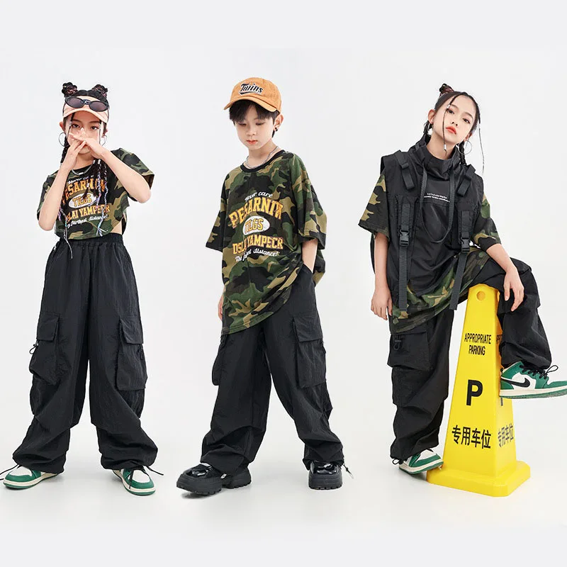 키즈 힙합 의류 카모 오버사이즈 티셔츠 크롭탑 베스트 블랙 캐주얼 포켓 카고 팬츠 (여아/남아) 재즈 댄스 의상