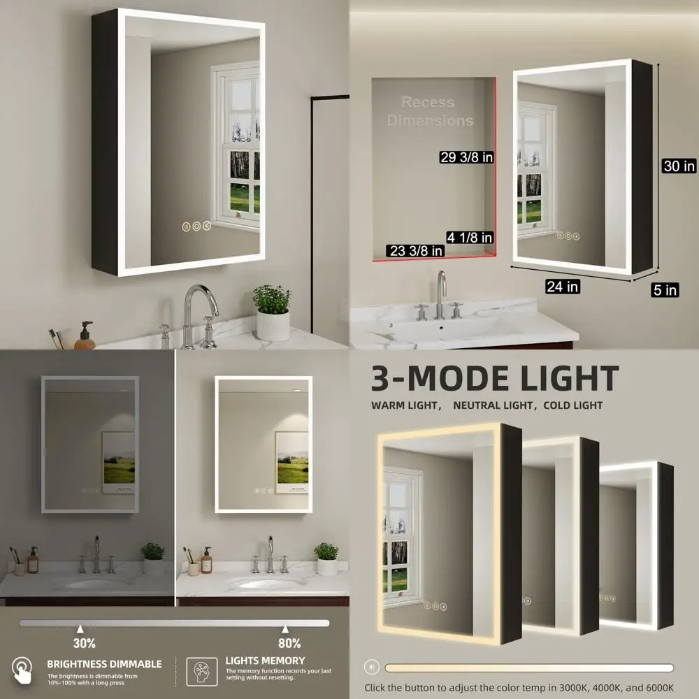 

24 x 30 LED Illuminated Medicine Cabinet with Mirror, Recessed or Wall-Mounted Bathroom Storage, 3-Color Lighting, and Defogger