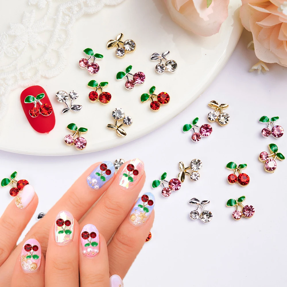 20 sztuk / worek 3D Cherry Design Nail Charms Red Cherry Crystal Rhinestone Nail Gems Glitter Diamond Stud Fruit Nail Art Decoration