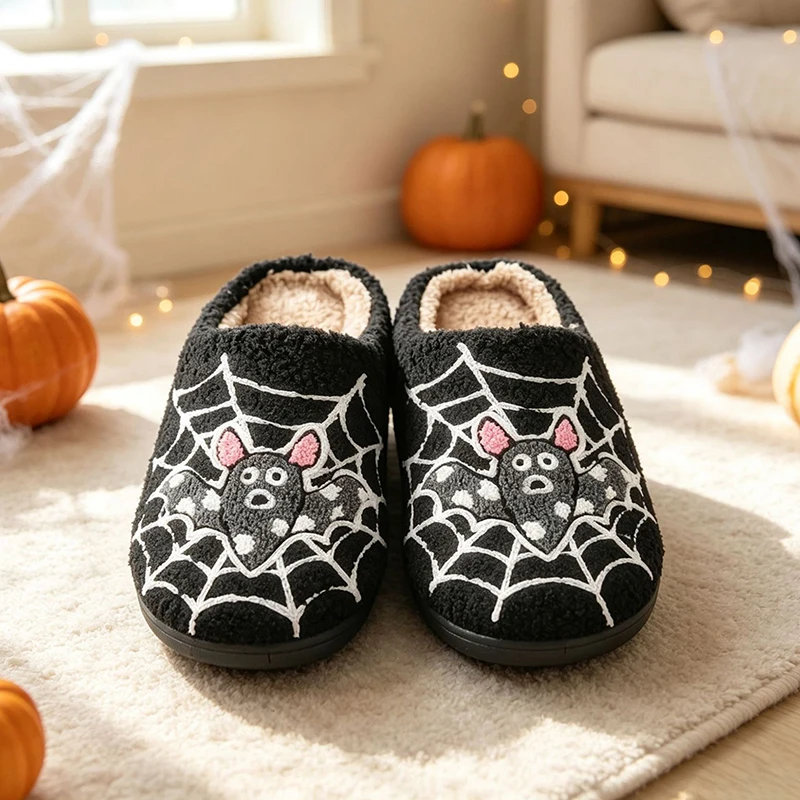 Halloween Fluffy Women Slippers Home Winter Plush Cartoon Spider Pumpkin Designer Shoes Girl Indoor Fuzzy Fur Slides Unisex Soft image 4