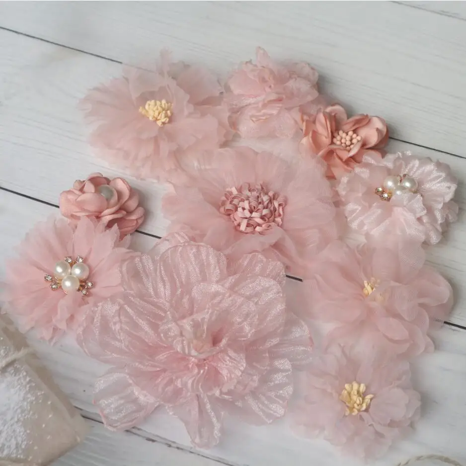 10PCS/Lot Pink Series Mix Styles Set Chiffon Fabric Flowers For Wedding Dress Hat Shoes Decoration