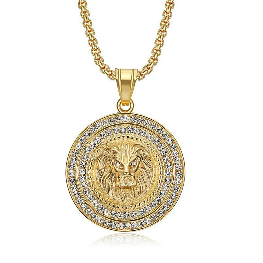 

Hip Hop Iced Out CZ Lion Head Pendant Male Gold Color Stainless Steel Round Animal Necklace For Men Jewelry High Quality