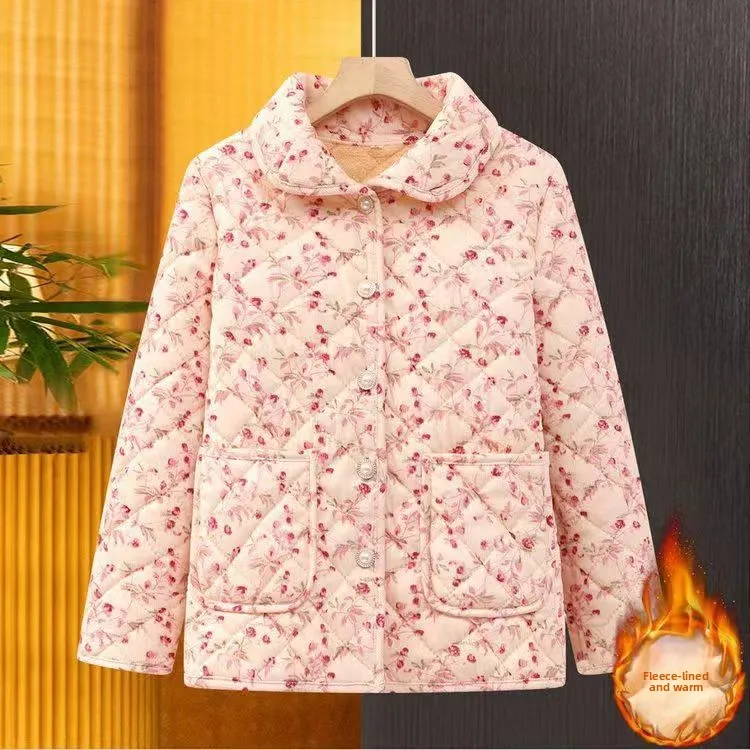 

Утепленная хлопковая куртка с цветочным принтом и флисовой подкладкой для женщин среднего и старшего возраста, теплая одежда для мам, пальто с воротником-стойкой